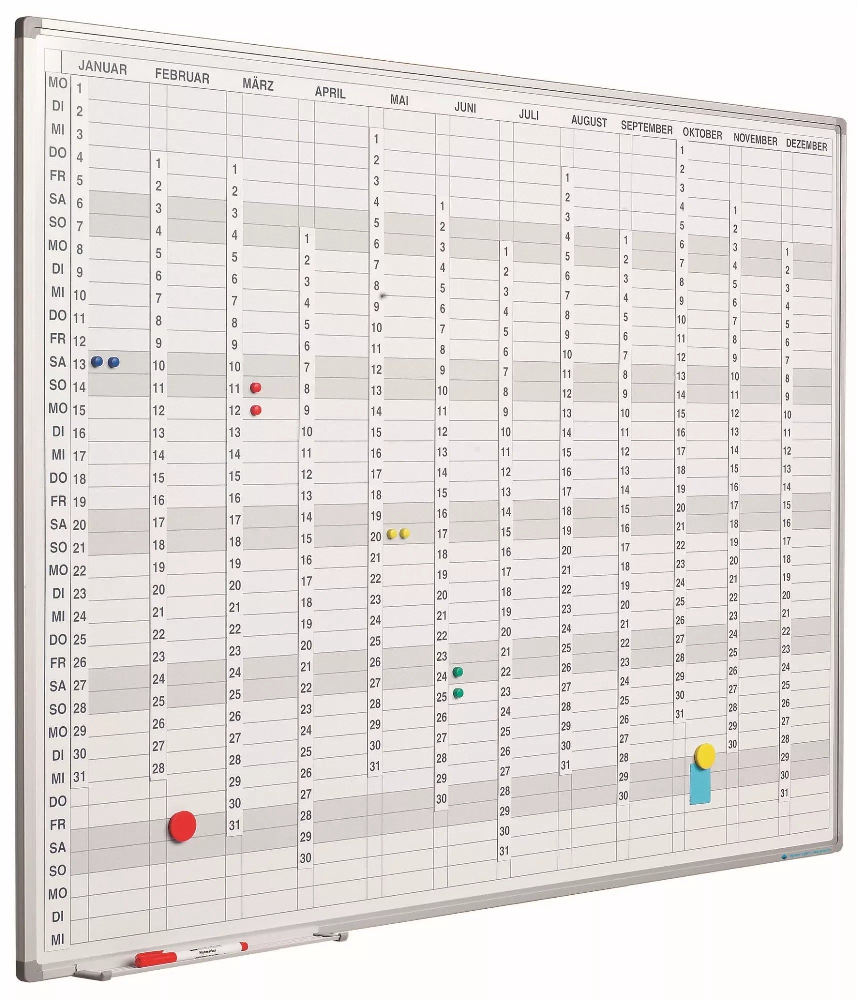 Whiteboard PRO Fermin - Emaille staal - Weekplanner - Maandplanner - Jaarplanner - Magnetisch - Wit - incl. maand/dag/nummerstroken - Duits - 90x120cm Planbord