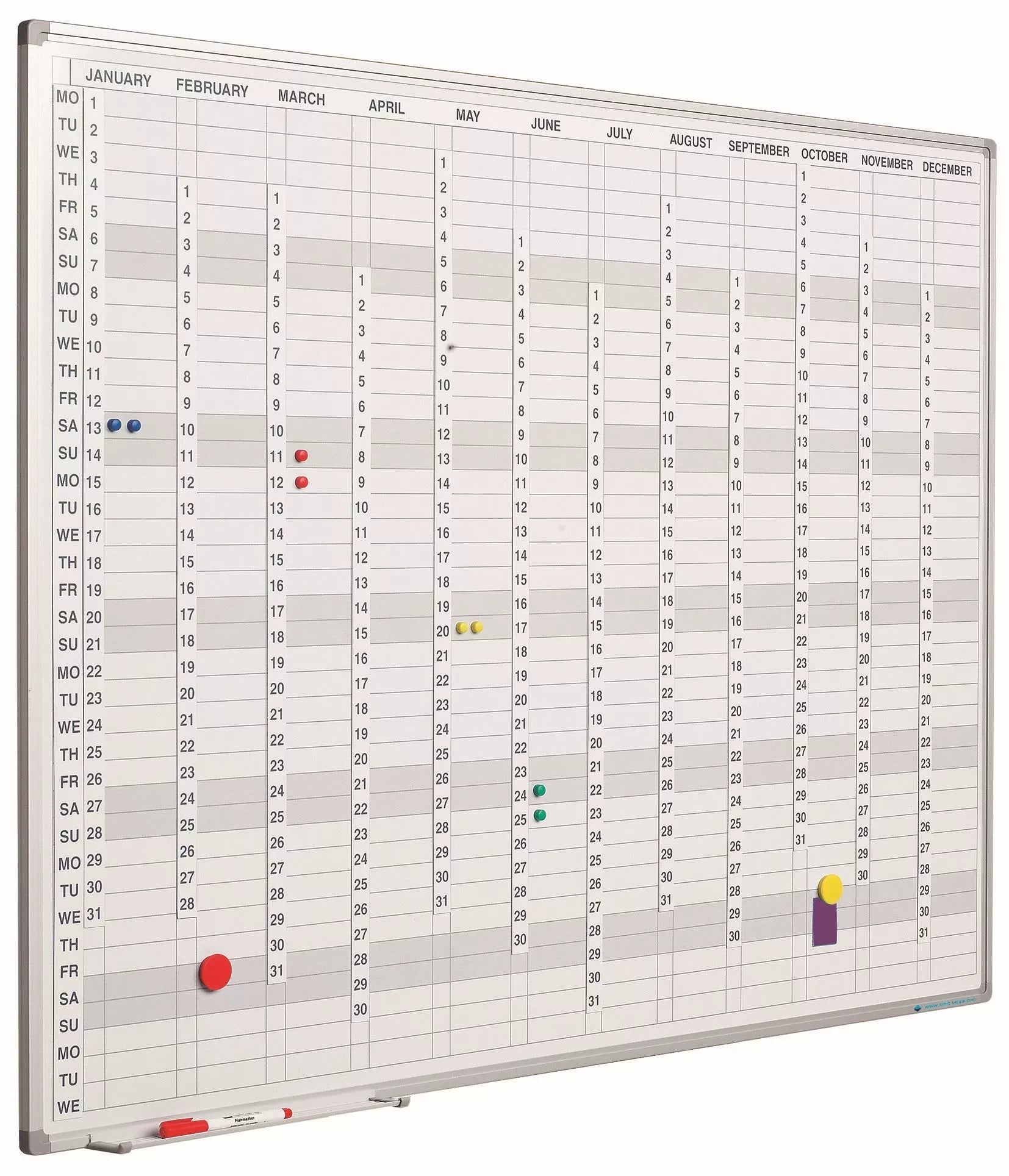 Whiteboard PRO Florentino - Emaille staal - Incl. maand/dag/cijferstrips - Weekplanner - Maandplanner - Jaarplanner - Magnetisch - Wit - Engels - 90x120cm Planbord