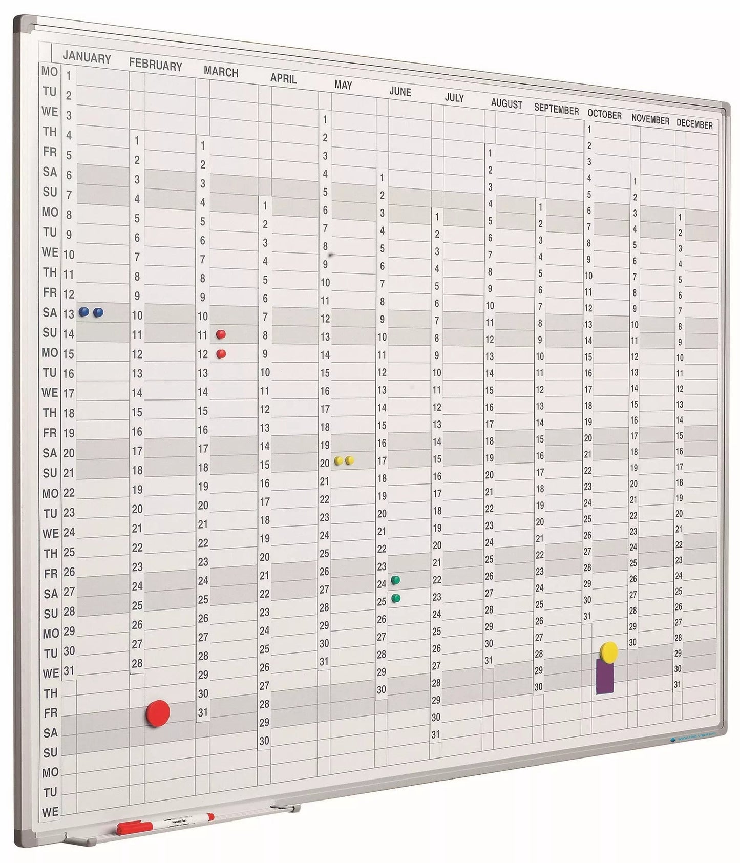 Whiteboard PRO Medina - Emaille staal - Whiteboard Weekplanner - Maandplanner - Jaarplanner - Magnetisch - Wit - incl. maand/dag/nummerstroken - Engels - 60x90cm Planbord